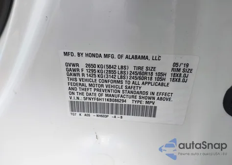 2019 Honda Pilot Lx из США, поврежденный, VIN 5FNYF6H11KB086294